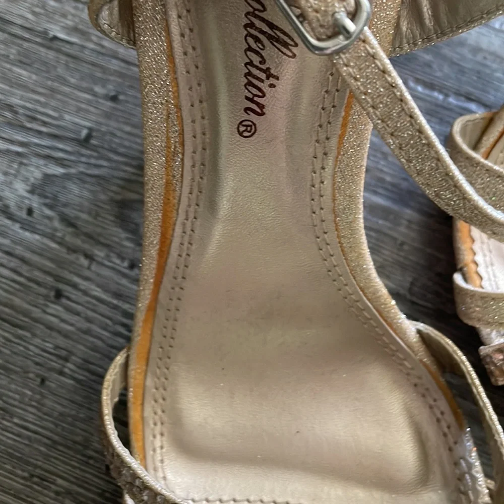 De Blossom Collection rose gold rhinestone strappy heels